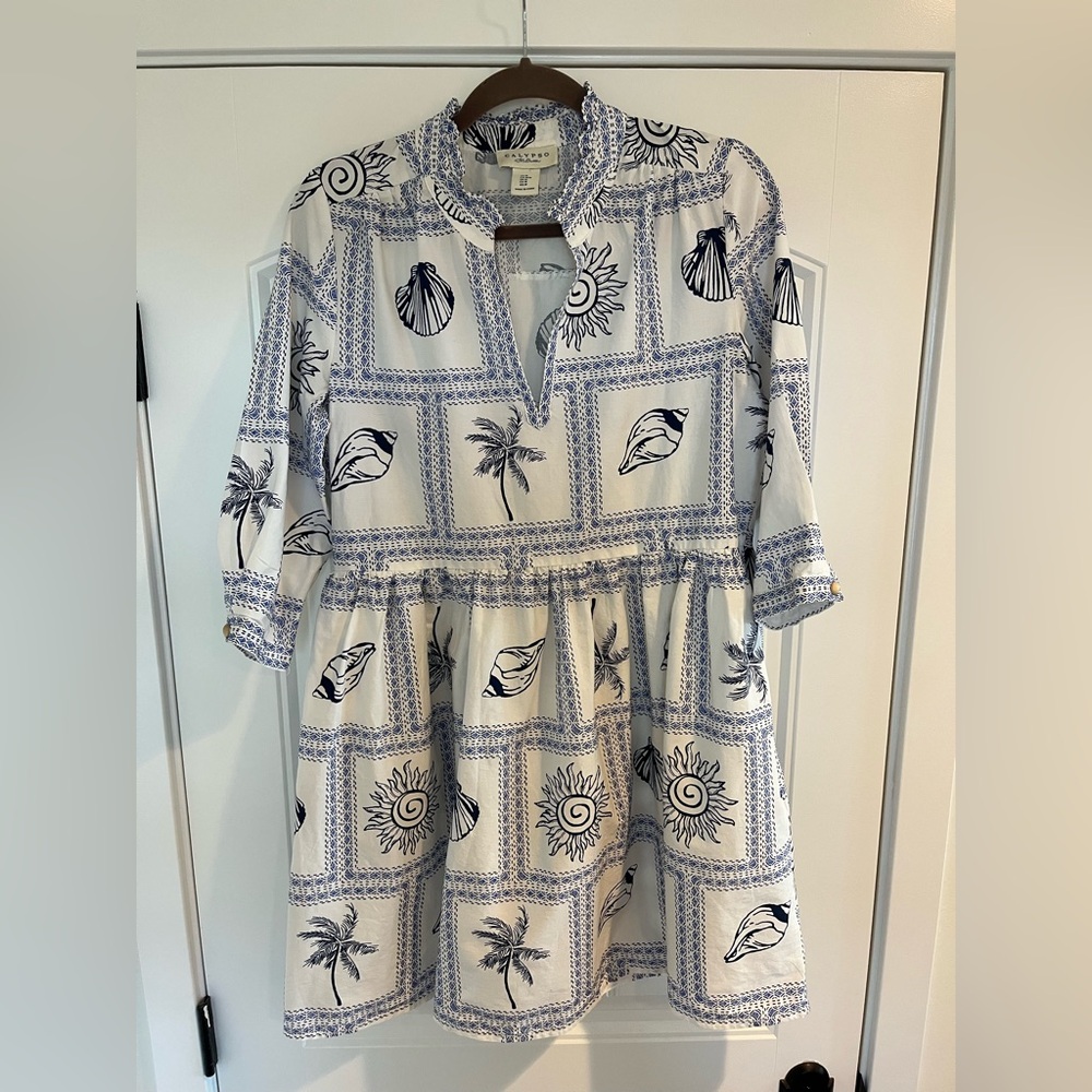 Calypso Blue and White Beach Island Patterned Dress
